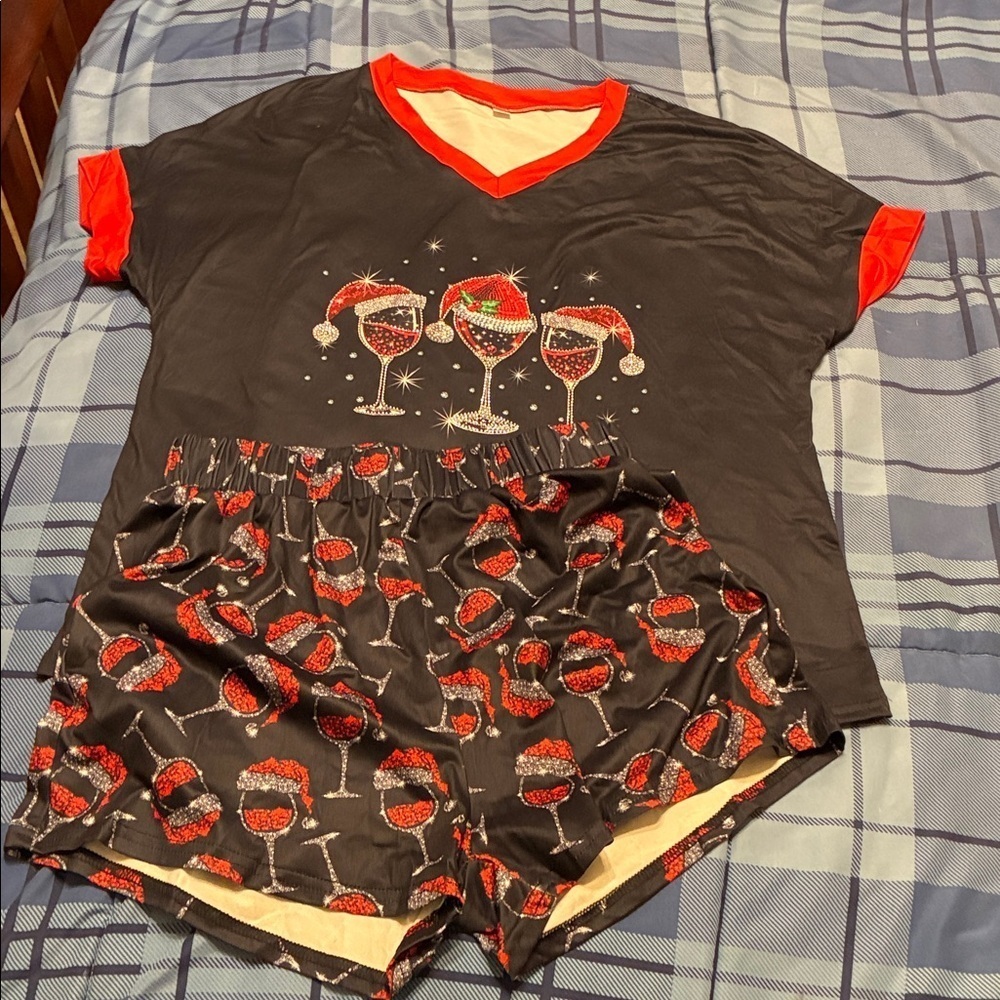 New Festive Wine Glass rhinestones Print Pajama Set - Black and Red  medium